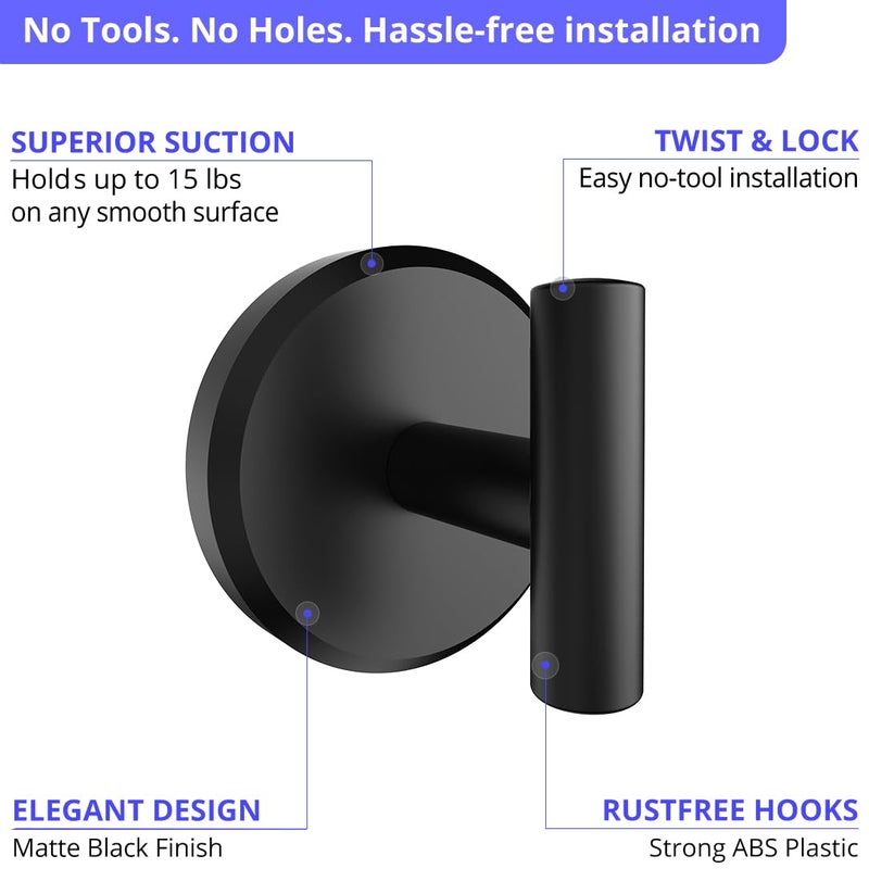 HOME SO Suction Cup Hooks T Shape for Shower, Bathroom, Glass Door, Mirror, Tile - Loofah, Towel, Coat, Bath Robe Hook Holder for Hanging up to 15 lbs - Waterproof & Rustproof, Black Matte (2-Pack) - Image 5